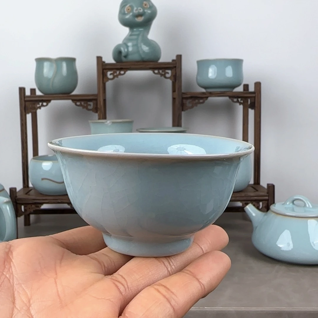 瓷片汝窑压手杯支钉烧天青釉