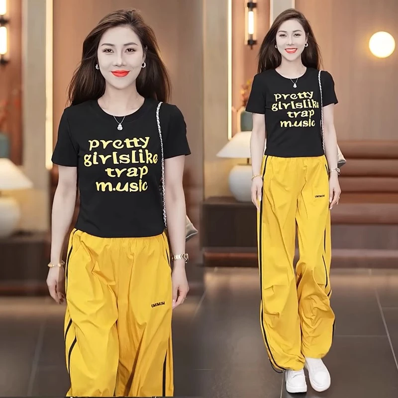 休闲运动套装女2025夏季新款洋气圆领短款字母t恤休闲裤两件套潮