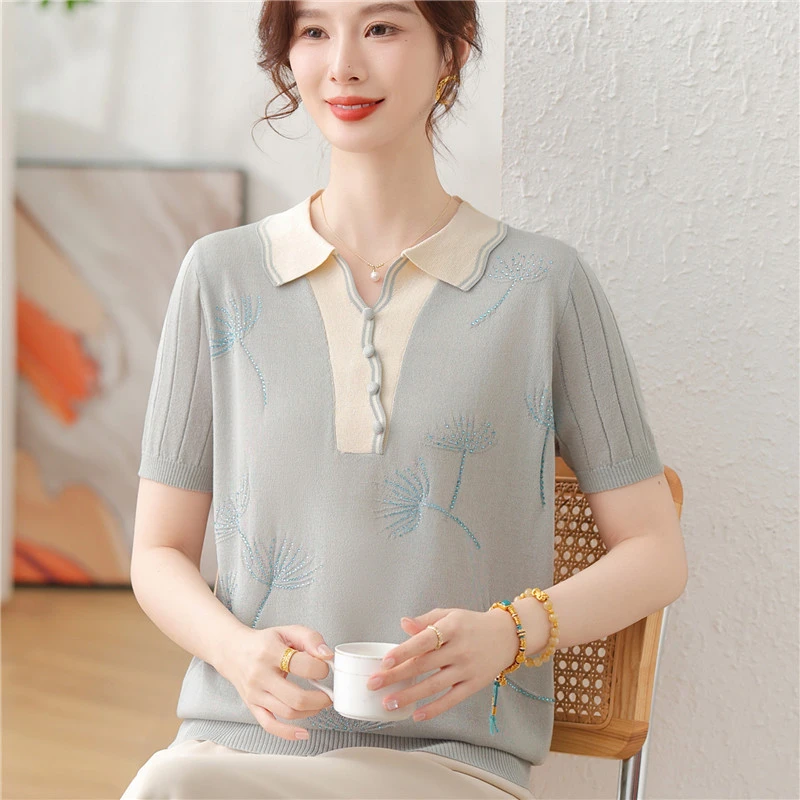 妈妈夏装翻领短袖T恤遮肉中老年人女装夏季冰丝上衣薄款洋气套装