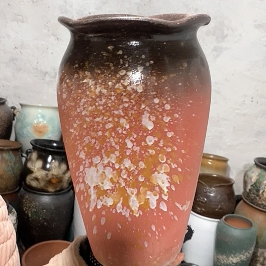 紫砂花盆口19高35，粉泼墨，处理