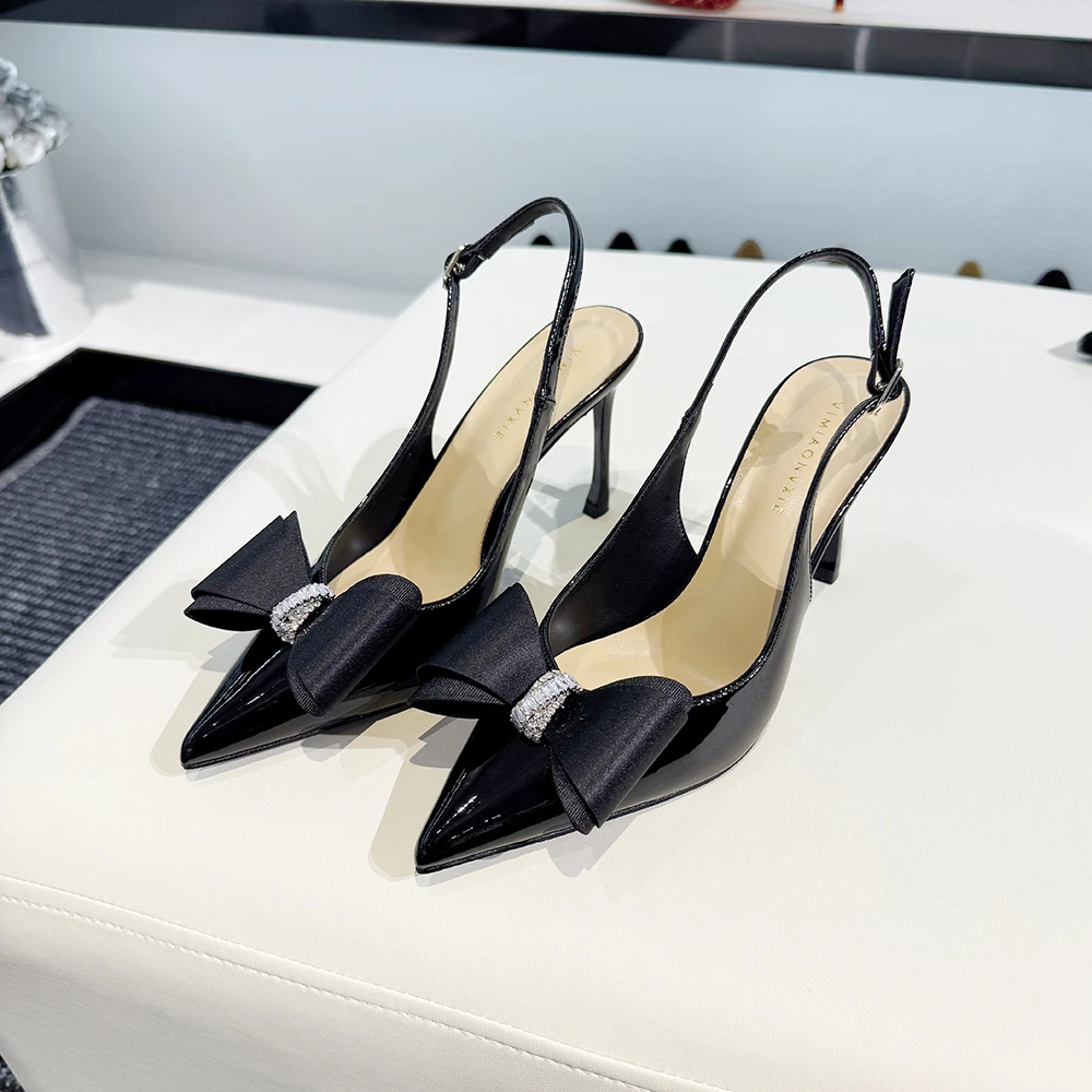 【甘师傅匠心之作】黑色蝴蝶结细跟女尖头性感名媛气质包头高跟鞋