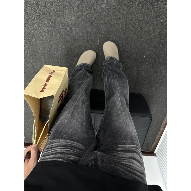 水洗闪电纹牛仔裤夏季薄款美式cleanfit裤子直筒修身显腿长微喇裤