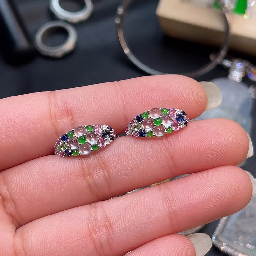 翡翠18K金镶嵌耳饰蛋面