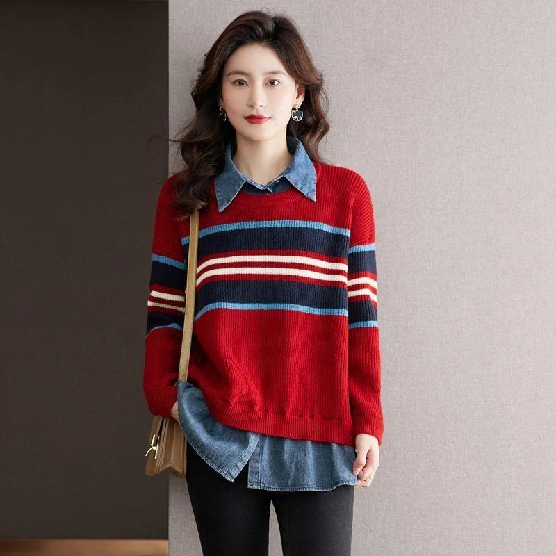 假两件毛衣女牛仔领条纹衬衫女2023春秋新款韩版宽松百搭显瘦上衣