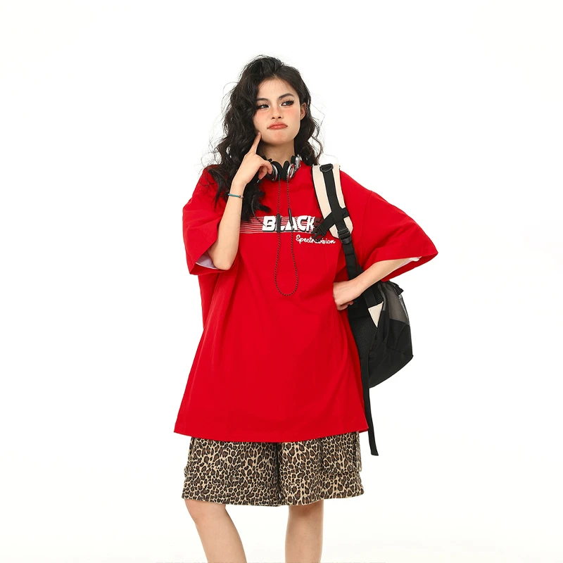 野生阿子美式复古字母印花氛围感红色短袖T恤男女夏季潮牌宽松tee