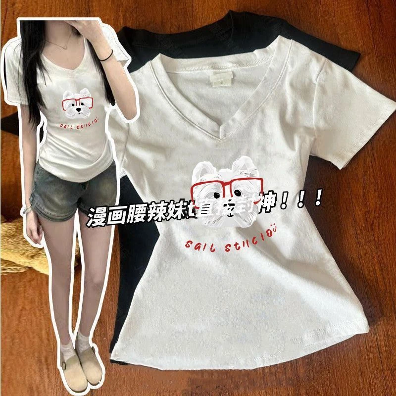【ZHAP】夏季V领正肩短袖t恤女爆款卡通狗狗印花设计感修身收腰上衣