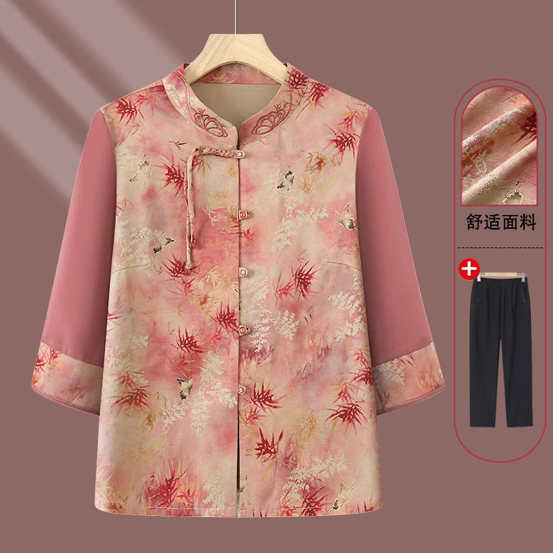 中老年人夏季奶奶衬衫洋气国风上衣2025新妈妈中式衣服套装春秋季