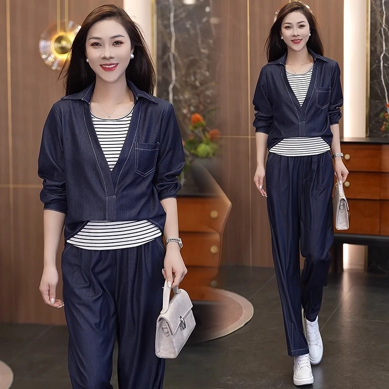时尚牛仔套装女2025秋季新款洋气显瘦长袖衬衫背心阔腿裤三件套潮