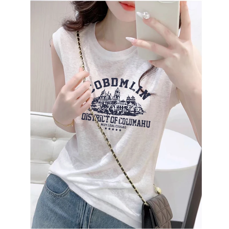 2025夏季新款常规款雪花棉圆领无袖纯色百搭时尚简约印花T恤吸汗