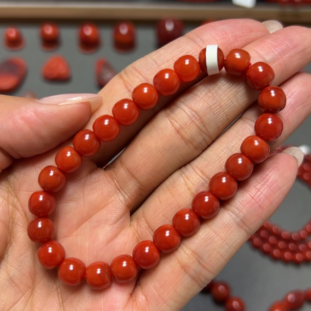 南红玛瑙未镶嵌手串 柿子锦高玉化 约7.5mm 匀润