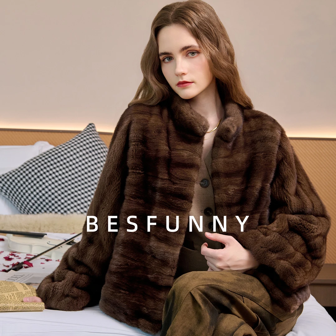 Besfunny短款咖啡本色全抽刀新款水貂皮草貂皮大衣加厚天鹅绒外套