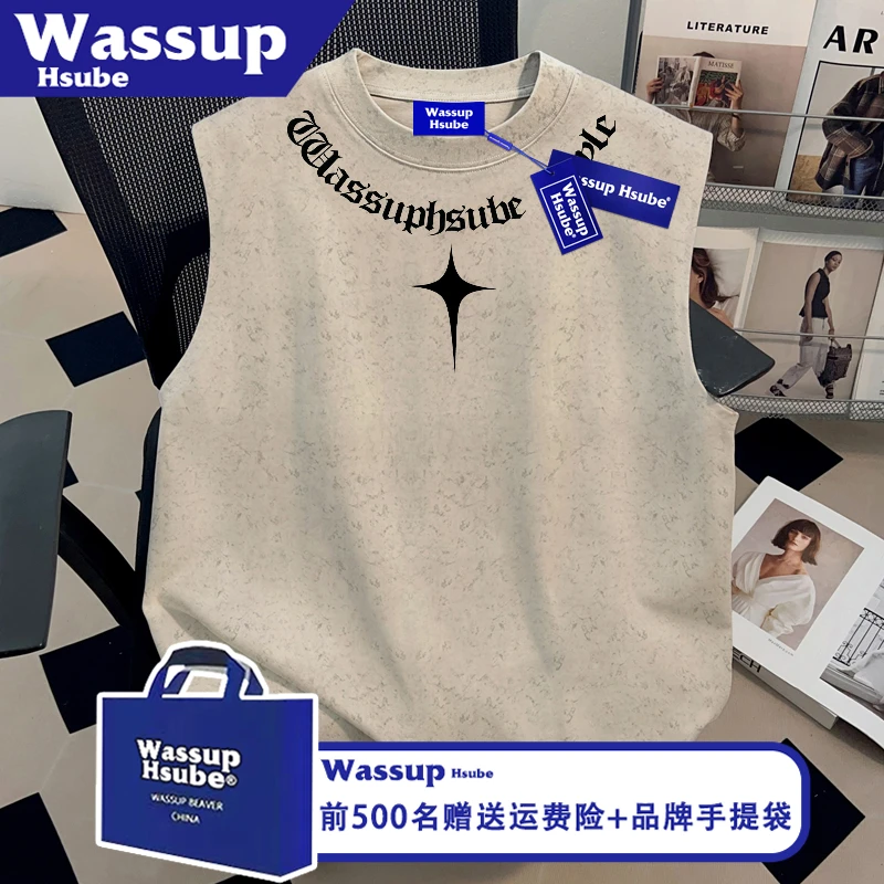 WASSUP HSUBE夏纯棉凉感男女款T恤ins卡其色扎染背心印花无袖上衣
