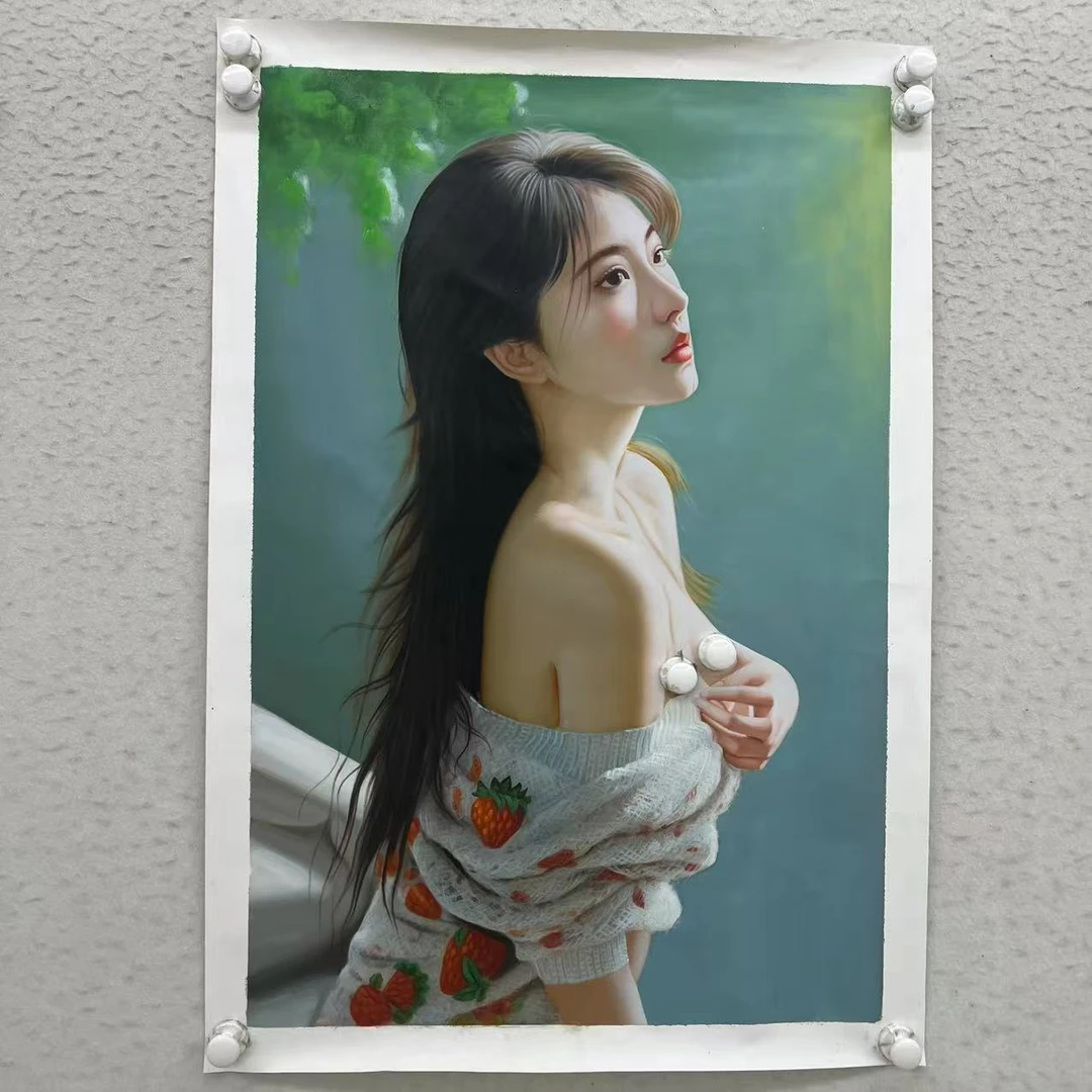林彦新-***毛衣女孩-草莓 -约60*90厘米-手绘油画-麻布