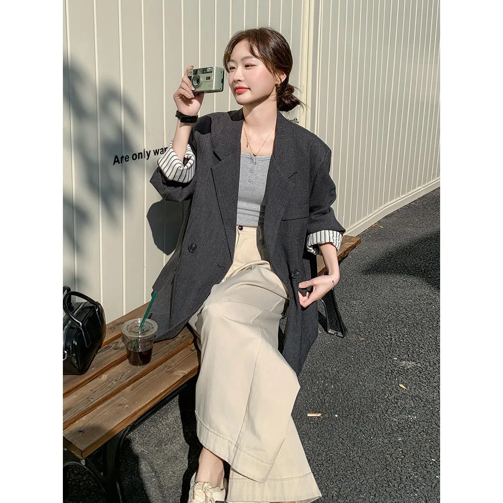 宽松慵懒风西服上衣2025春季新款超好看高级感休闲灰色西装外套女