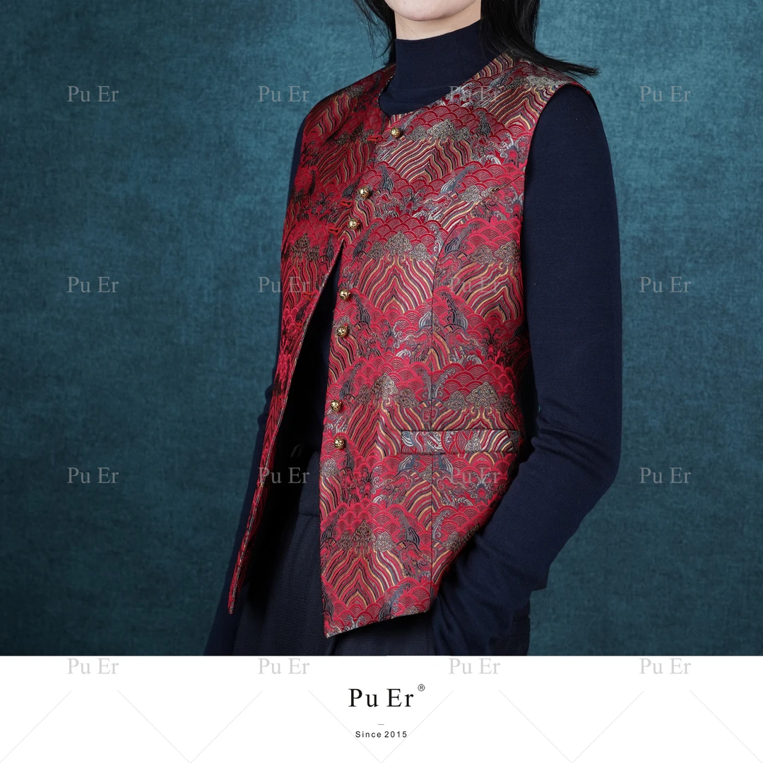 璞迩云锦圆领拼接马甲