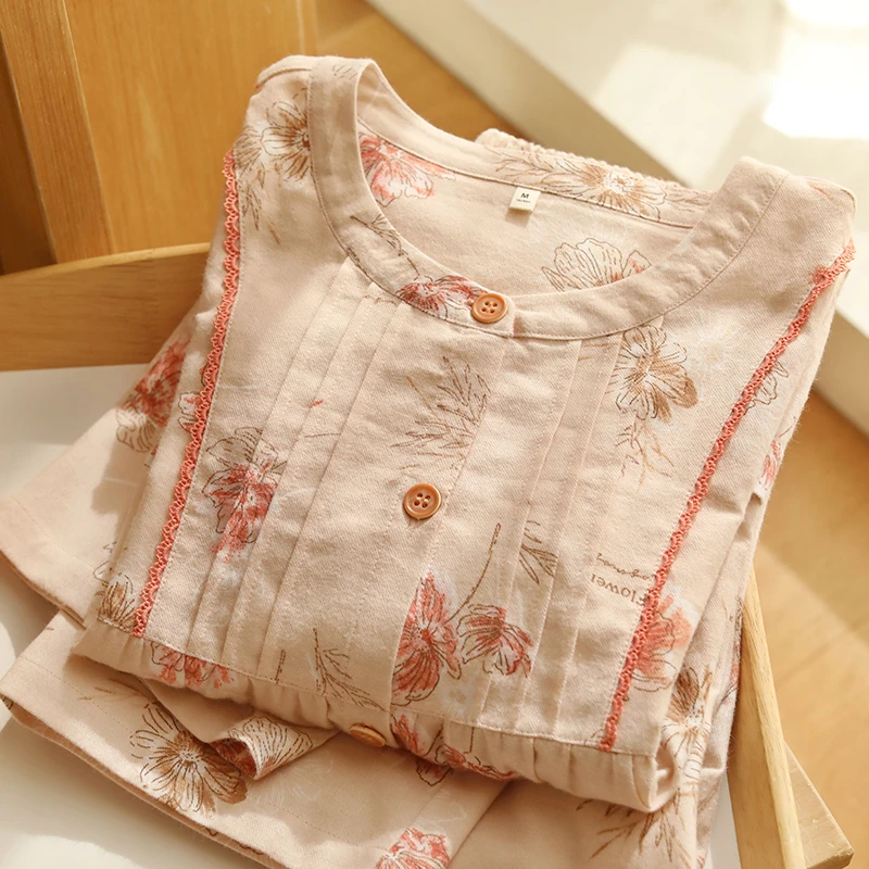 睡衣女款纯棉磨毛日系甜美碎花秋冬新款休闲宽松两件套装家居服