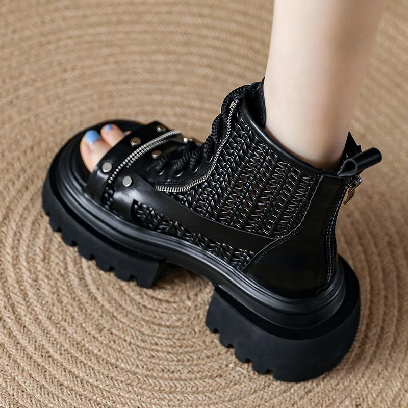 厚底露趾罗马凉鞋女夏季镂空马丁靴爆款2025新款增高女鞋洞洞短靴