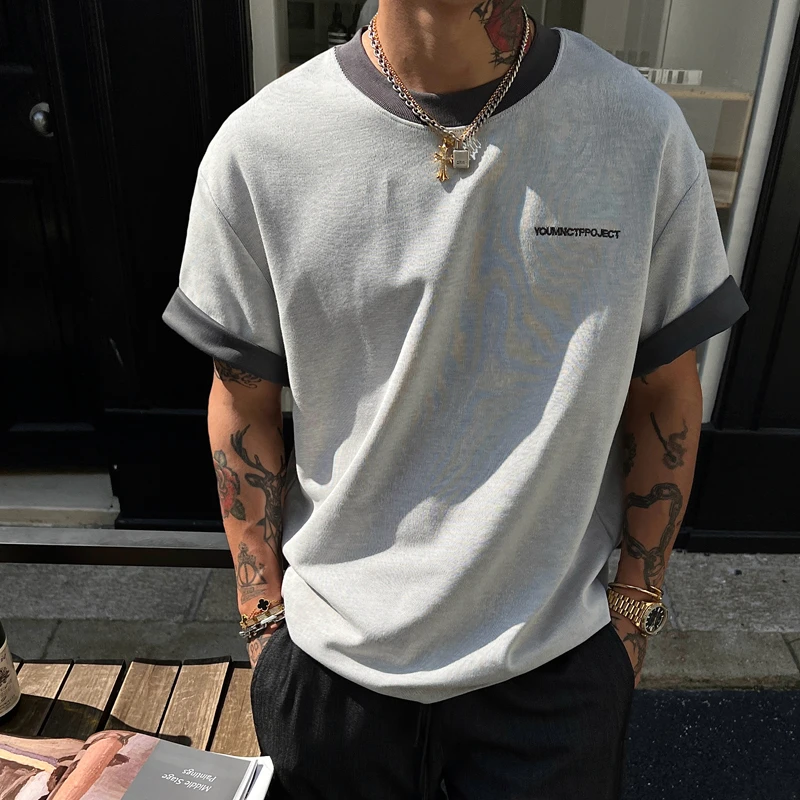 OXFREAK「撞色拼接 假两件」双面针织短袖t恤男设计感小众半截袖