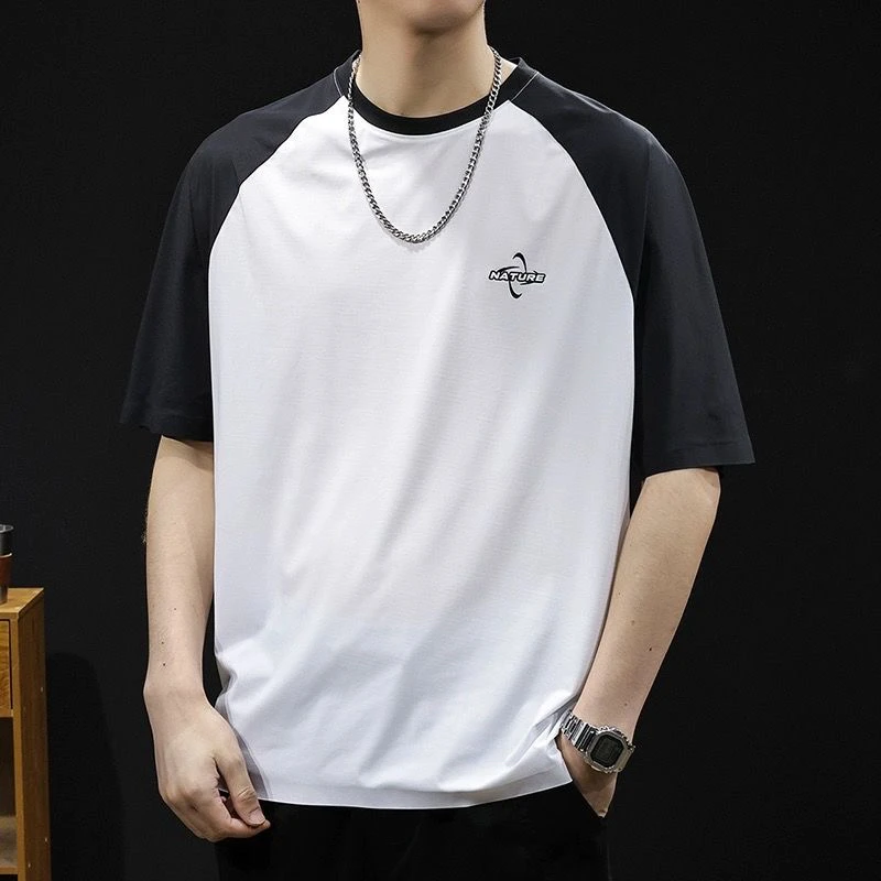 夏季弹力冰丝速干短袖T恤男青少年高中生男士双拼色运动休闲上衣