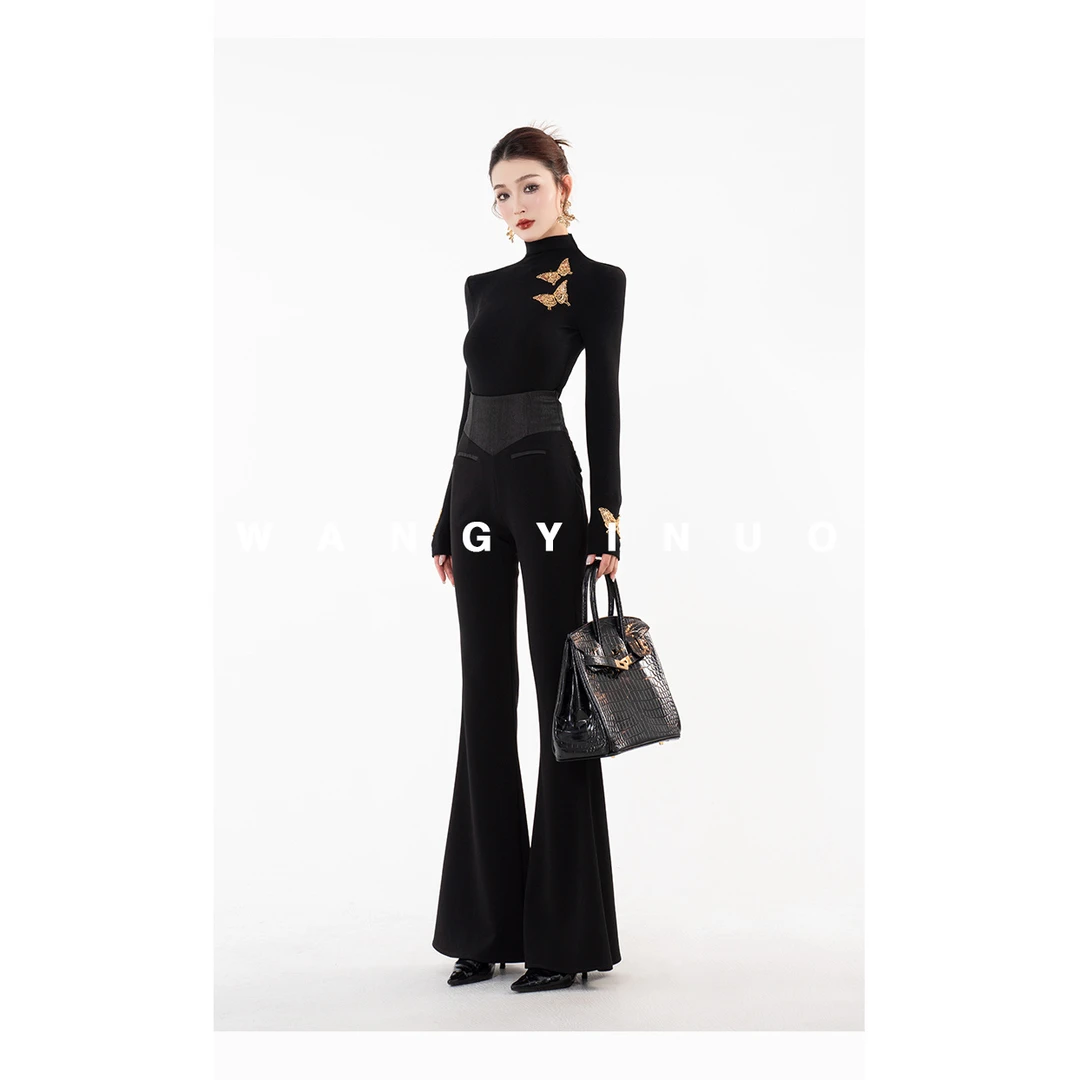 【自然灵域】秋时尚加绒显瘦半高领打底拼接垂感西装微喇裤套装3481