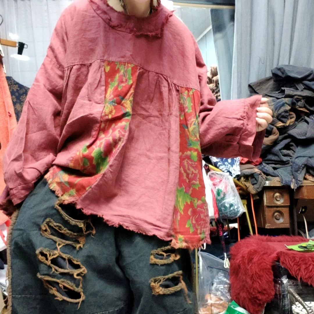 无吊牌炒色做旧毛边双层娃娃衫
