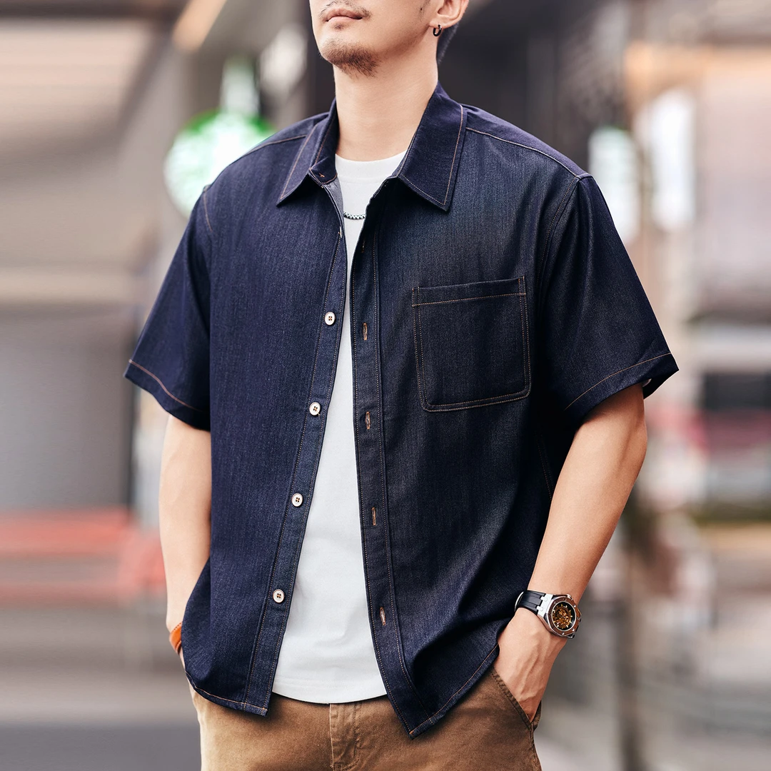 格蓝鹿美式复古潮牌冰丝牛仔短袖衬衫男夏季薄款凉感休闲半袖衬衣