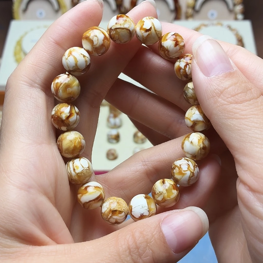 白***白桃核吊坠沁色圆珠手串