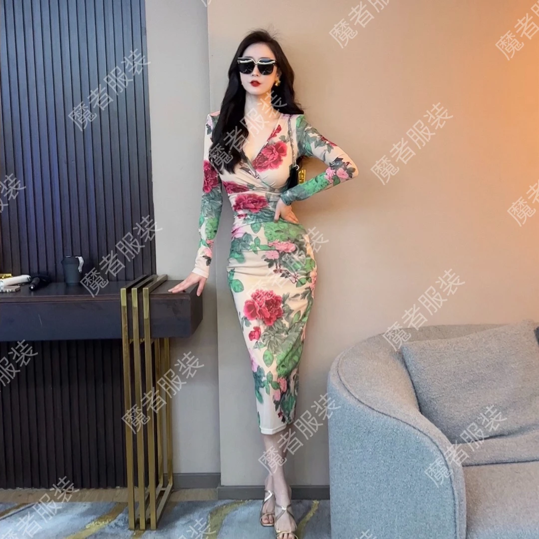 魔者家网纱款【贵妃醉酒】修身性感显瘦弹力长款连衣裙不定位花纹