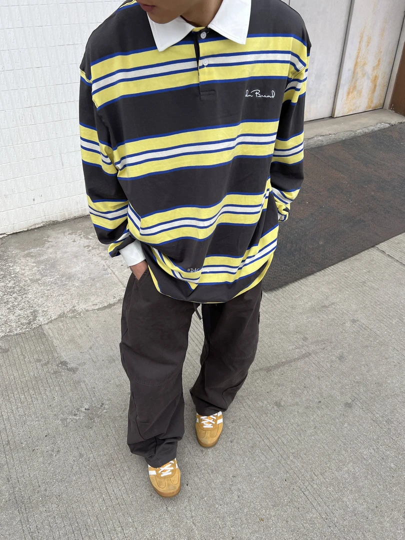 大葱美式复古polo领长袖条纹T恤男女cityboy休闲撞色刺绣宽松上衣