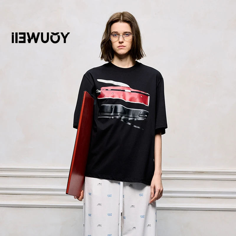 有尾YOUWEI办公订书器印花夏季黑色短袖花花T恤时尚宽松Y1125210