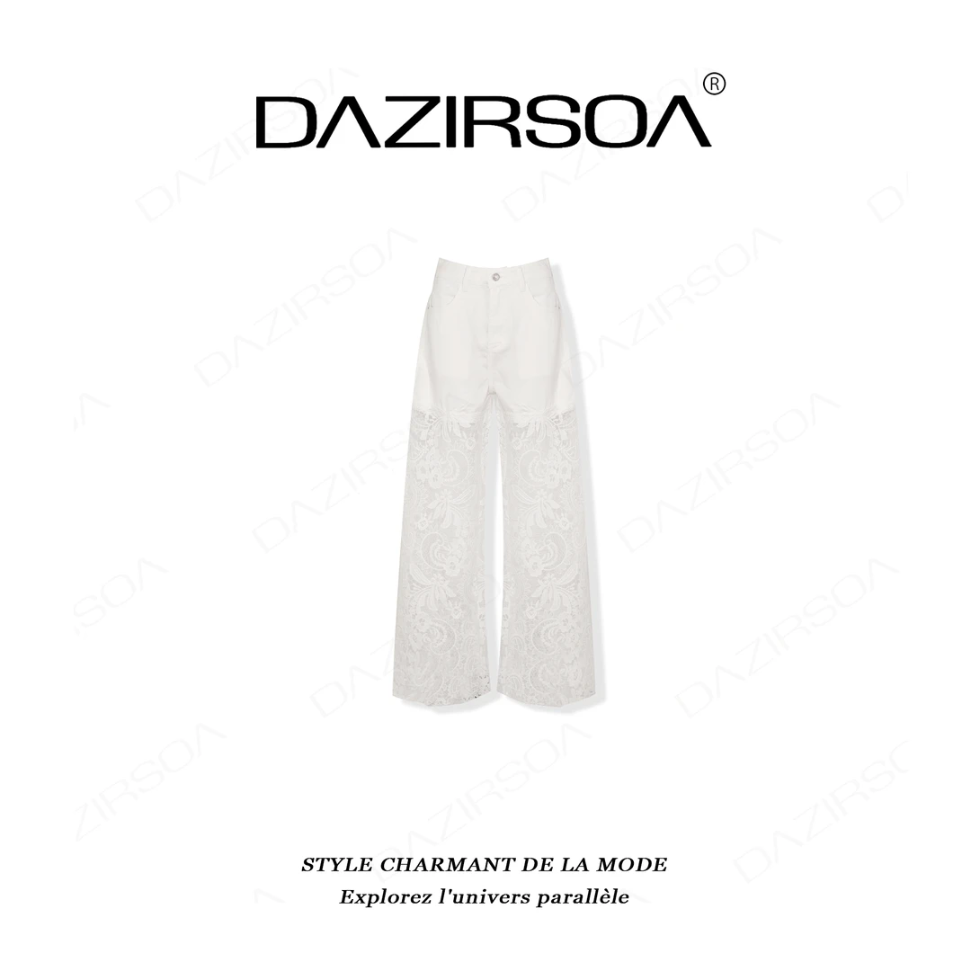 DAZIRSOA/达姿“花落无声”时尚百搭拼接蕾丝花朵镂空牛仔裤 Y921