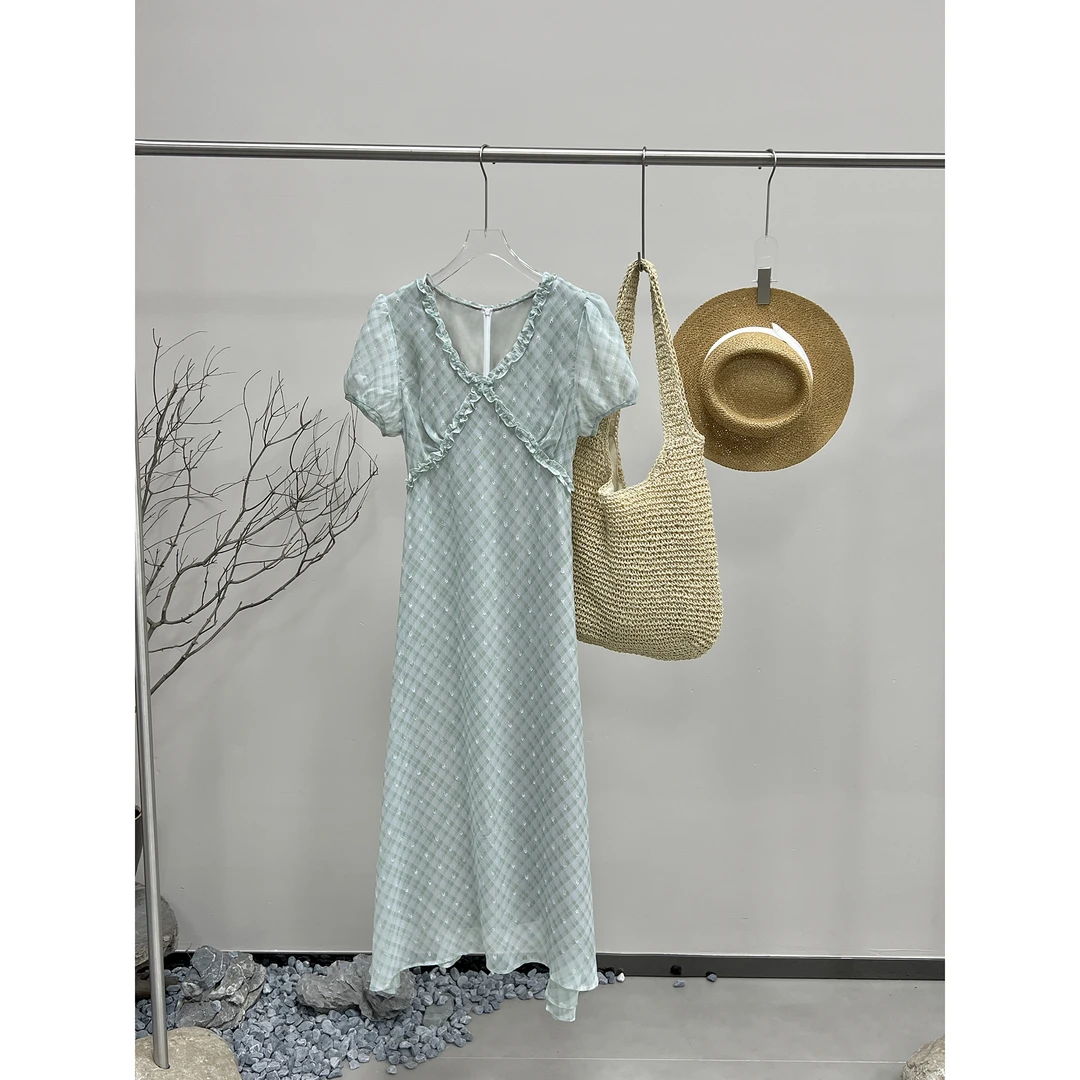 NEW MMSJ 木耳花边浅绿色格子连衣裙