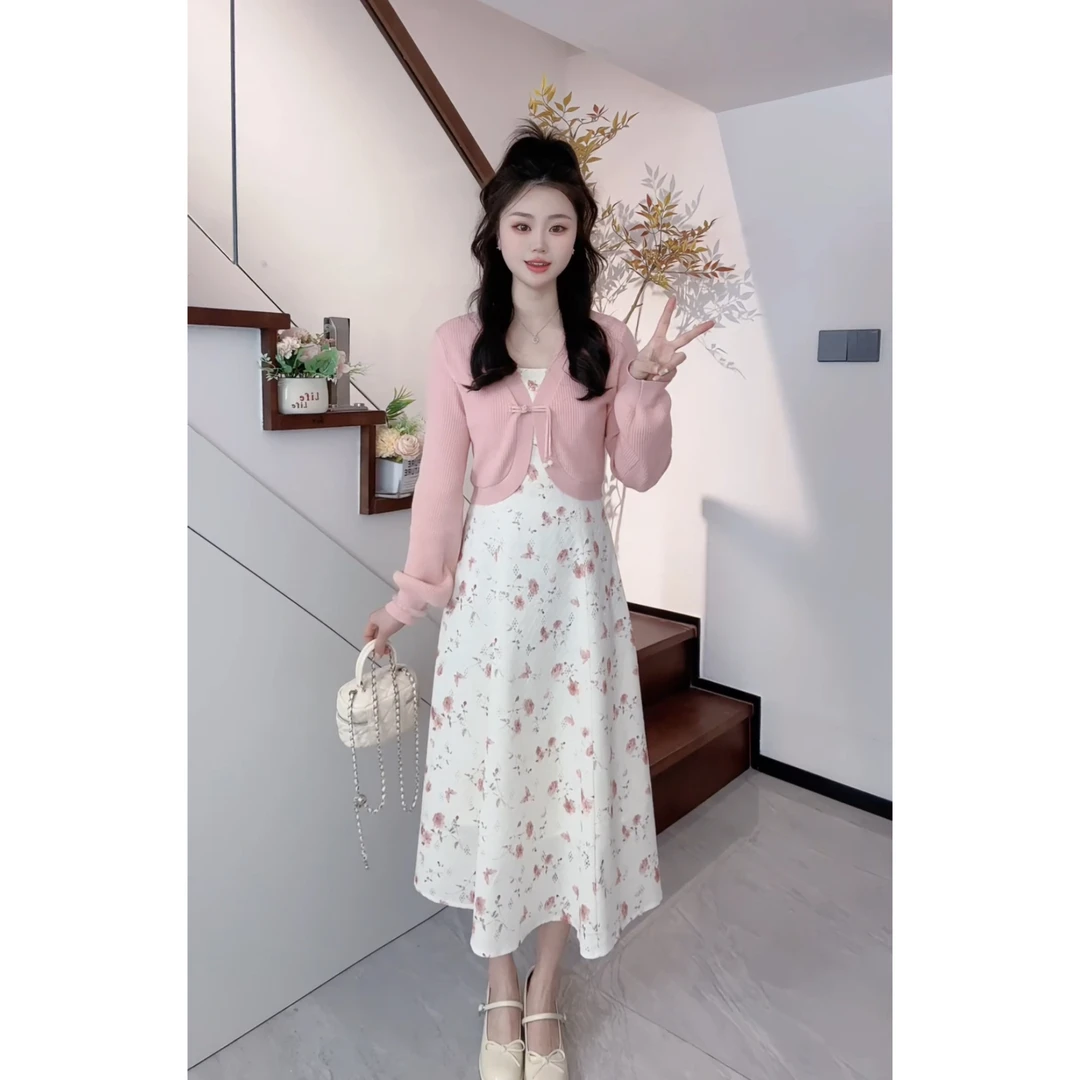 MYC•2025春新款温柔风甜美碎花吊带裙时尚针织开衫两件套时尚套装