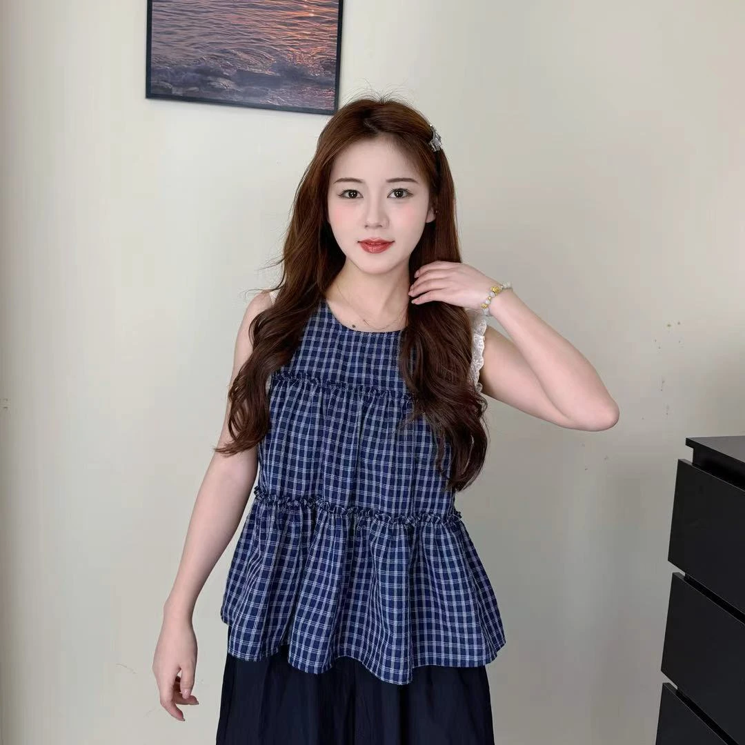 小个子定制韩系甜美宽松荷叶格子无袖衬衫蕾丝袖口娃娃衫新款上衣