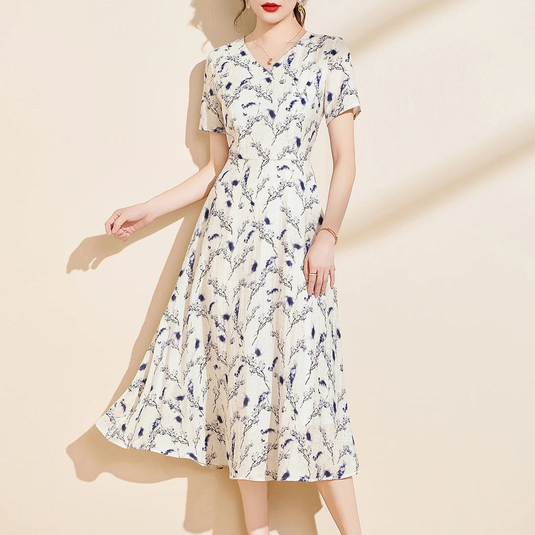 米色修身裙中长裙夏季印花连衣裙显瘦优雅女装休闲时尚碎花裙气质