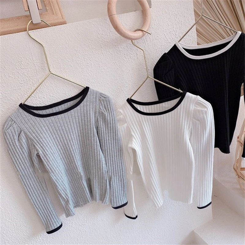 春秋女童装长袖T恤宝宝洋气个性潮牌韩版拼色坑条时髦打底衫童T恤