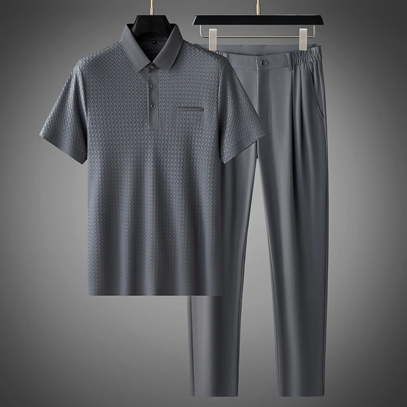 默尼密司冰丝休闲运动套装男夏季商务弹力裤子翻领短袖上衣两件套