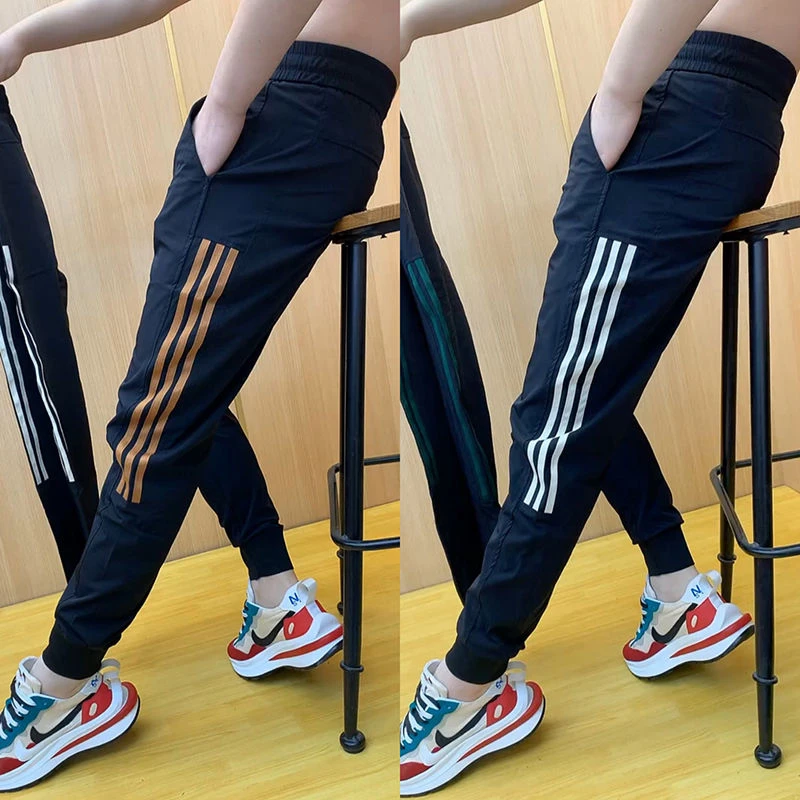 夏季新款条纹潮流男士休闲裤百搭时尚运动速干裤修身薄款束脚裤DS