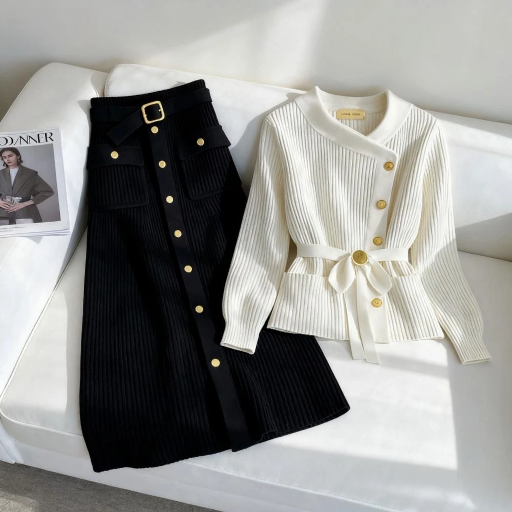 法式白色小香风针织衫女秋冬季高级感时尚减龄黑色半身裙两件套装