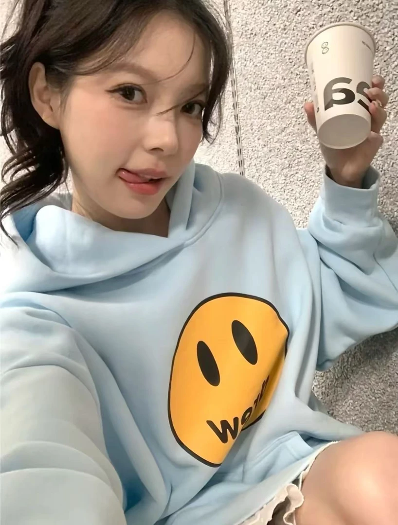 连帽笑脸卫衣男女同款潮牌套头ins卡通百搭