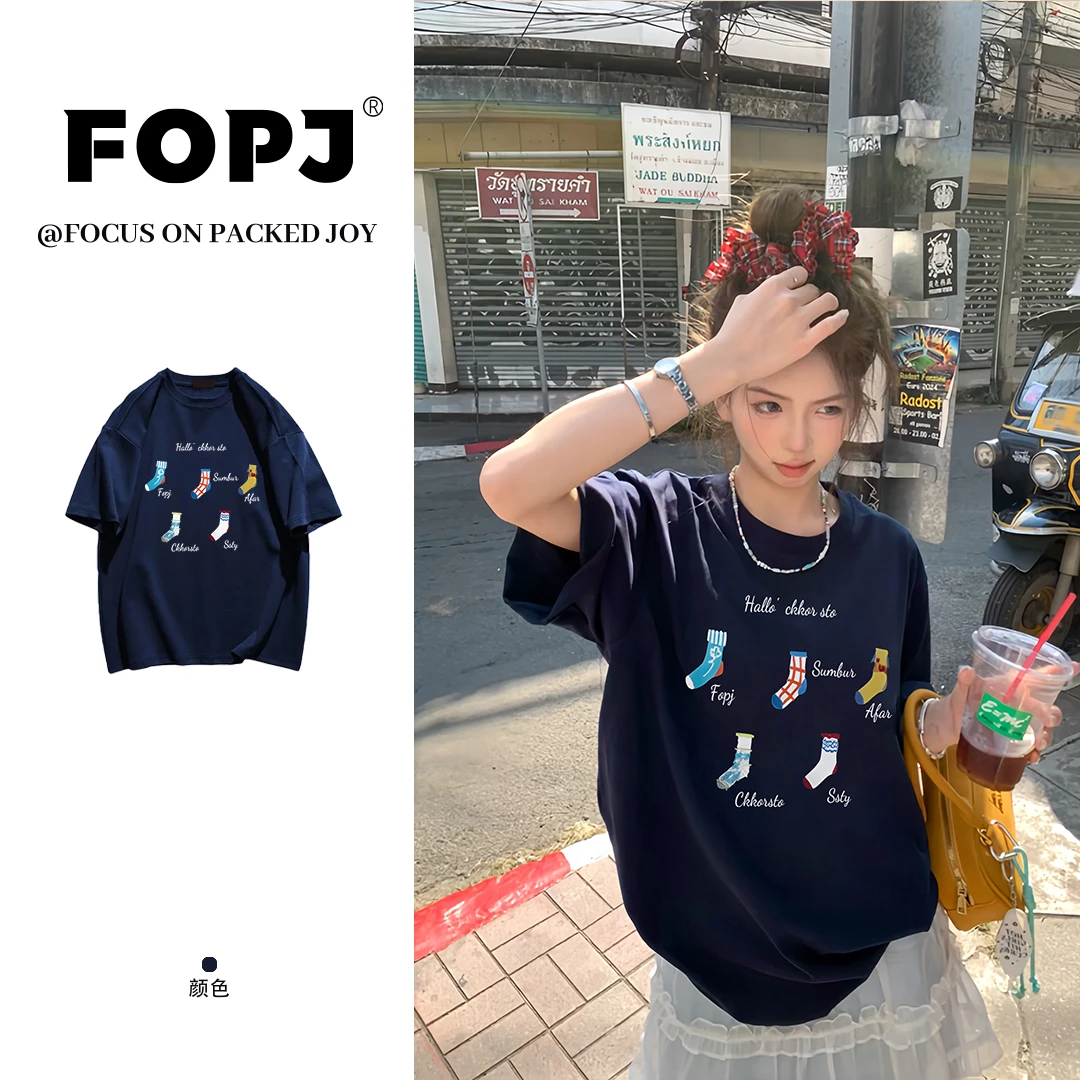 FOPJ夏季纯棉休闲宽松短袖t恤女美式复古时尚百搭圆领半袖ins上衣