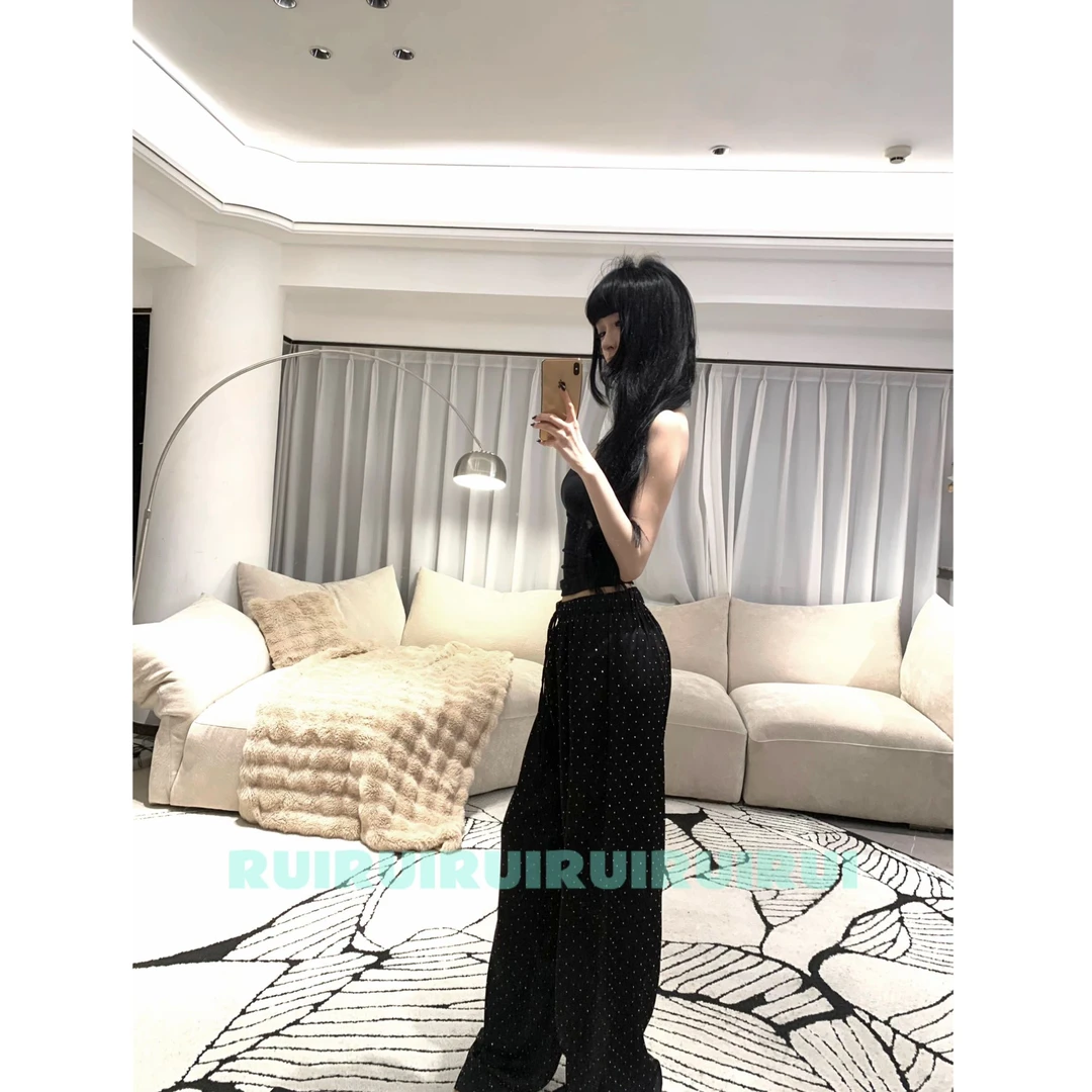 【RUI】现货夏季薄款烫钻冰丝醋酸断面阔腿裤宽松垂感休闲裤D0090