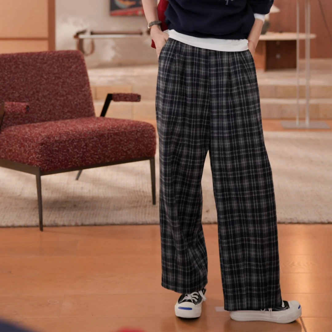 噢芬/小个子 【格蕾】宽松针织格子休闲裤2025新款高腰裤521934