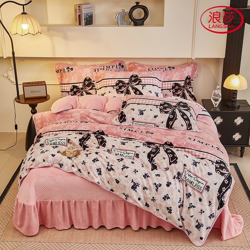 LangSha/浪莎冬季加厚牛奶绒床盖款四件套双面绒被套单床盖可机洗