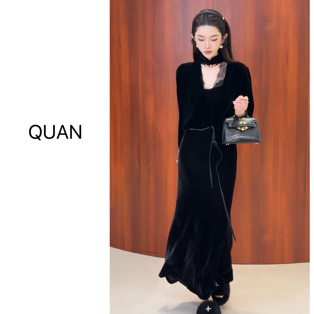 新款【贵妇】新中式真丝丝绒早秋时尚气质绑带上衣开衫外套