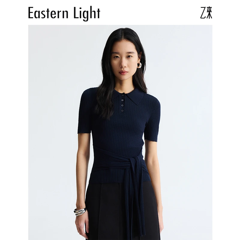 Eastern Light/乙来气质时尚春夏绑带设计师POLO衫修身针织衫女