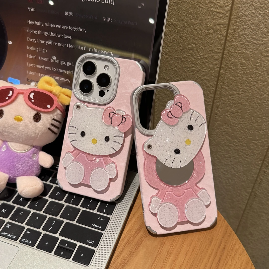 飞虎胜粉色KT猫镜子雪山纹适用苹果15/16promax手机壳iphone14/13