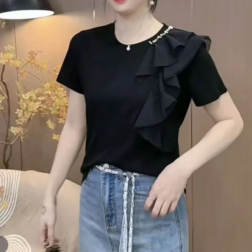 2025新品气质网纱钉珠设计洋气休闲短袖T恤