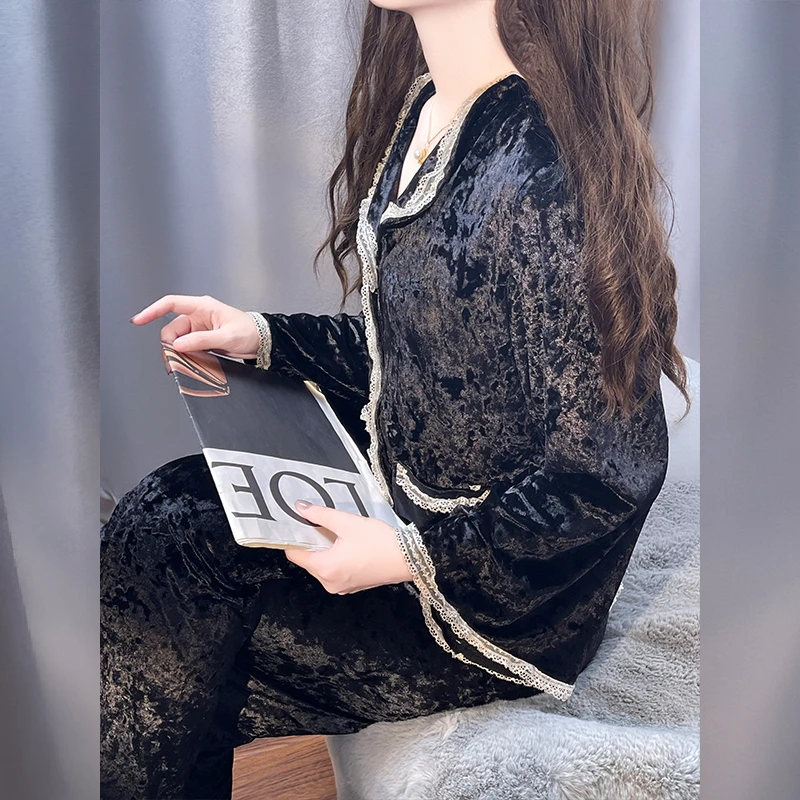 tpvl赵露思同款法式金钻绒睡衣女秋冬家居服套装黑色高级2025新款