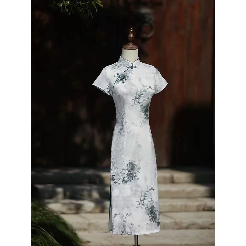 0685 灰色 葫芦扣花扣 【水墨灰竹】 旗袍